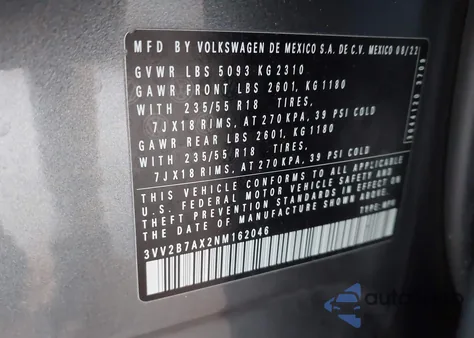 2022 Volkswagen Tiguan 2.0T Se из США, поврежденный, VIN 3VV2B7AX2NM162046